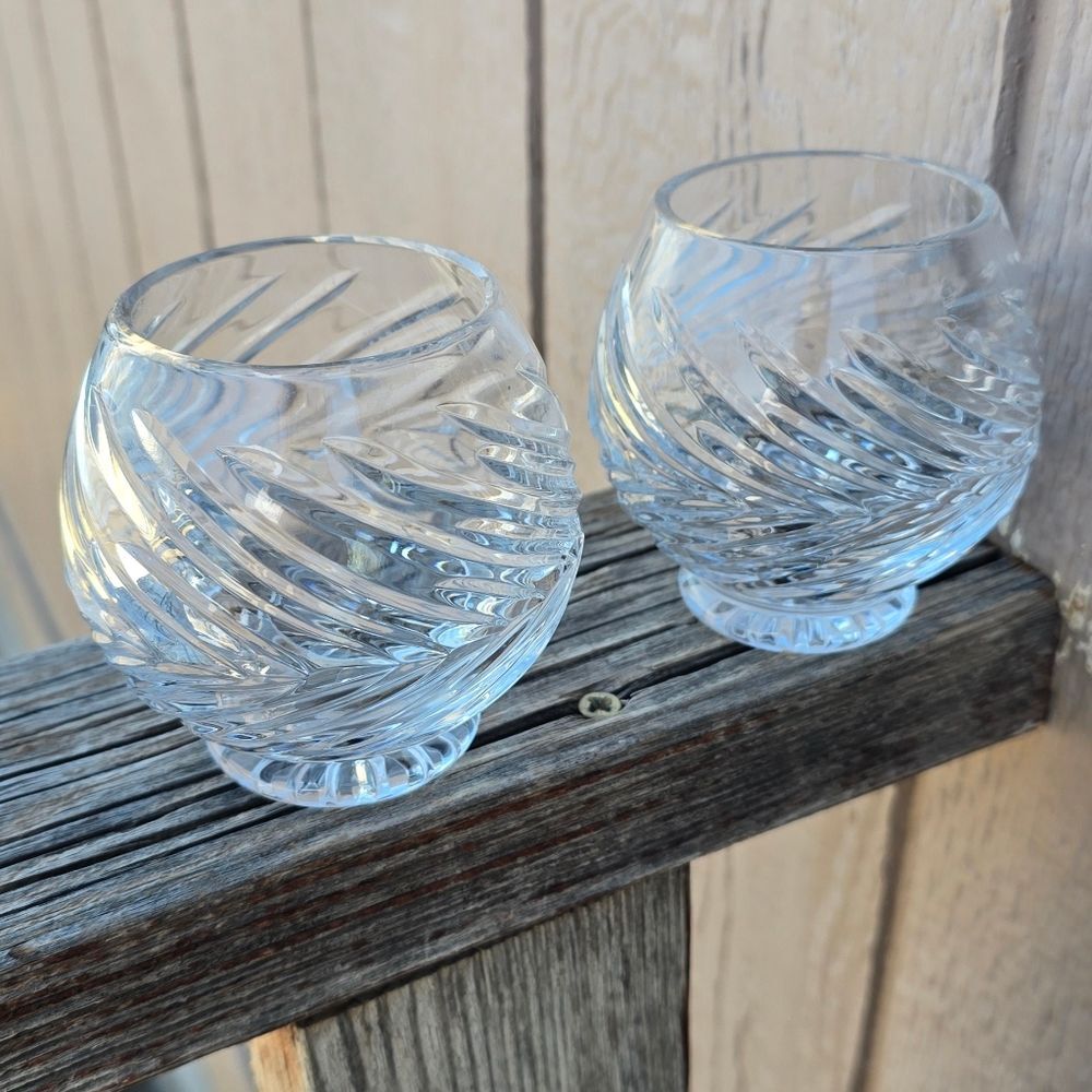 Pair of Cut Crystal Votive Candle Holders Heavy Glass Bowls Godinger Style